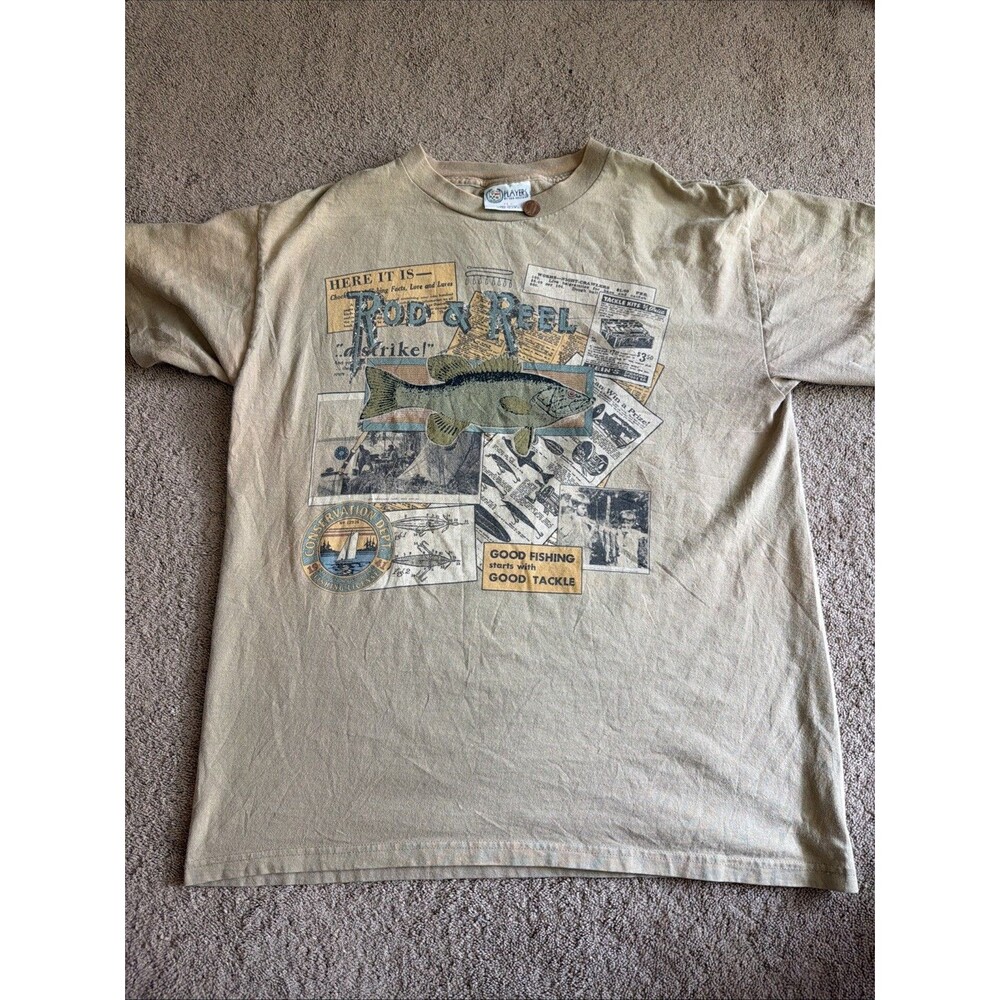 VINTAGE Van Heusen Men Shirt Large Brown USA 90s Fleece Fish Newspaper